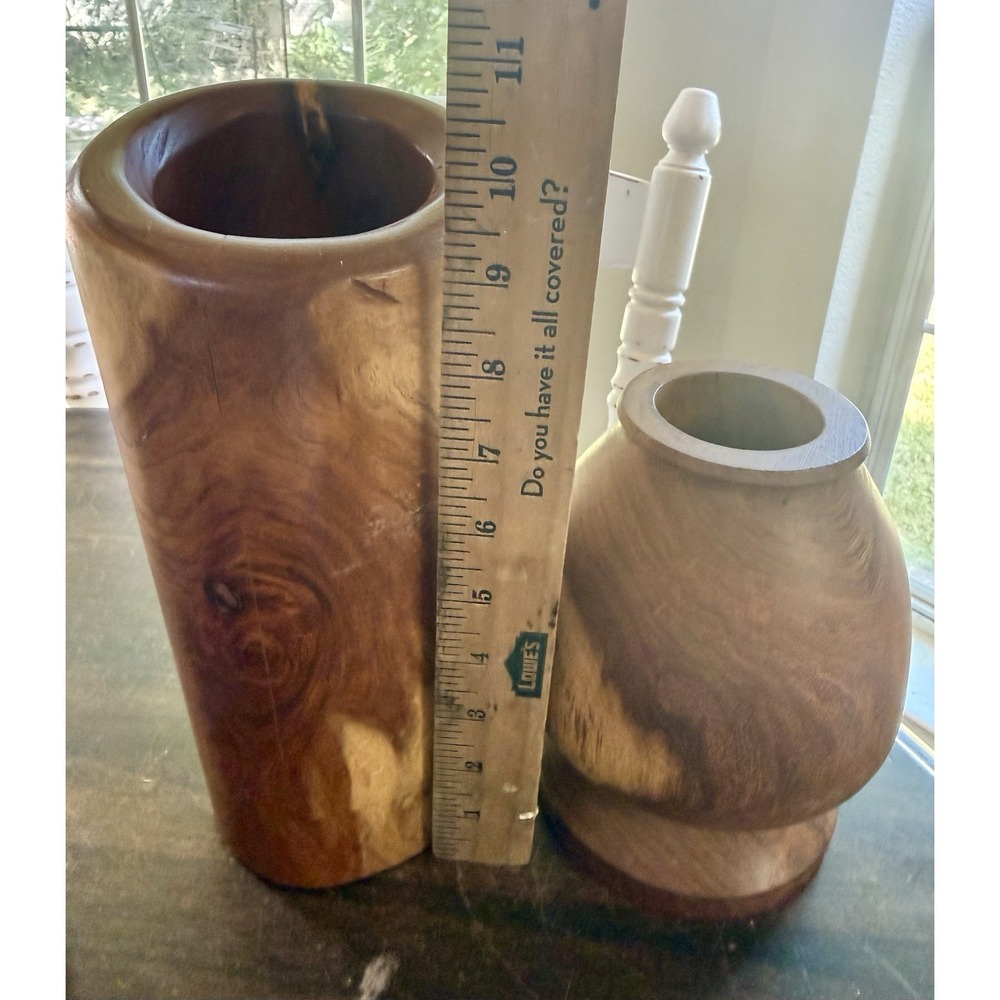 Vintage Hand Turned Solid Wood Decorative Vase Set 2 Rustic Artisa - Picture 9 of 9